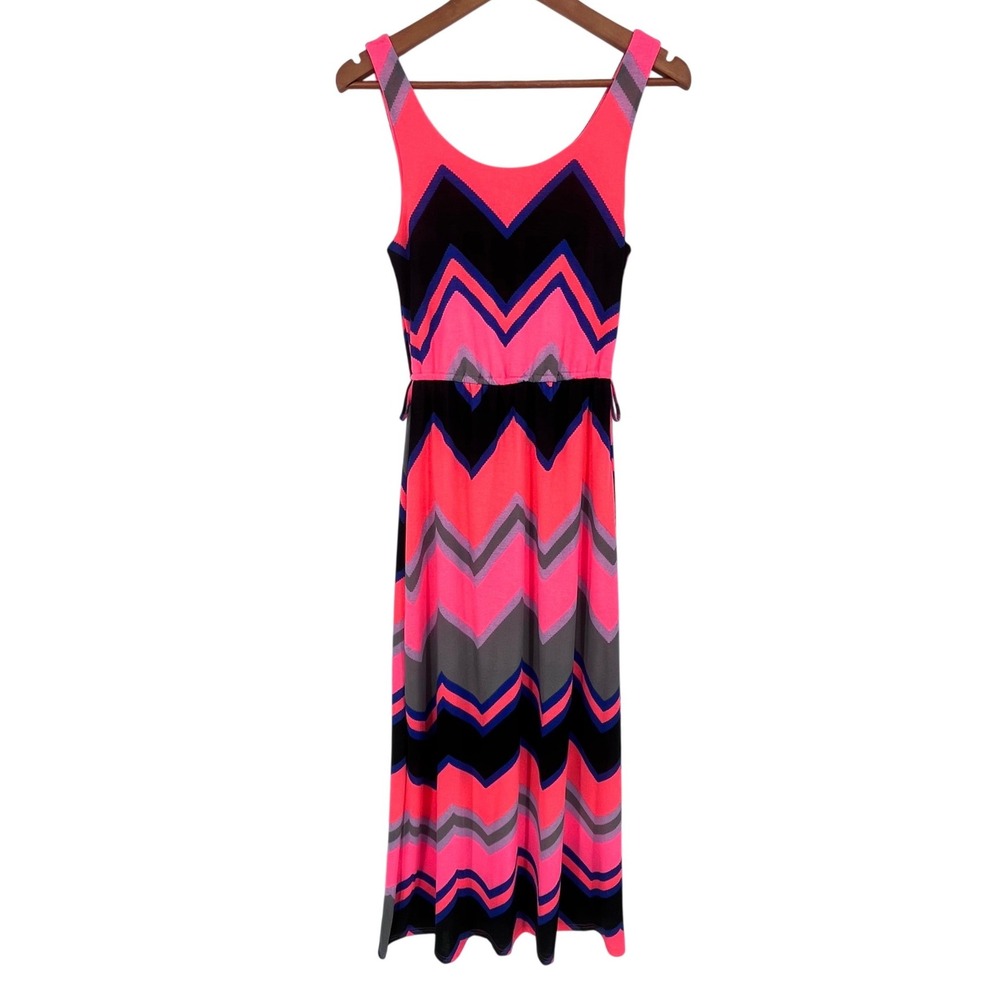 rue21 Maxi Dress Women Medium Pink Chevron Zig‎ Zag Neon Geometric Summer Bold